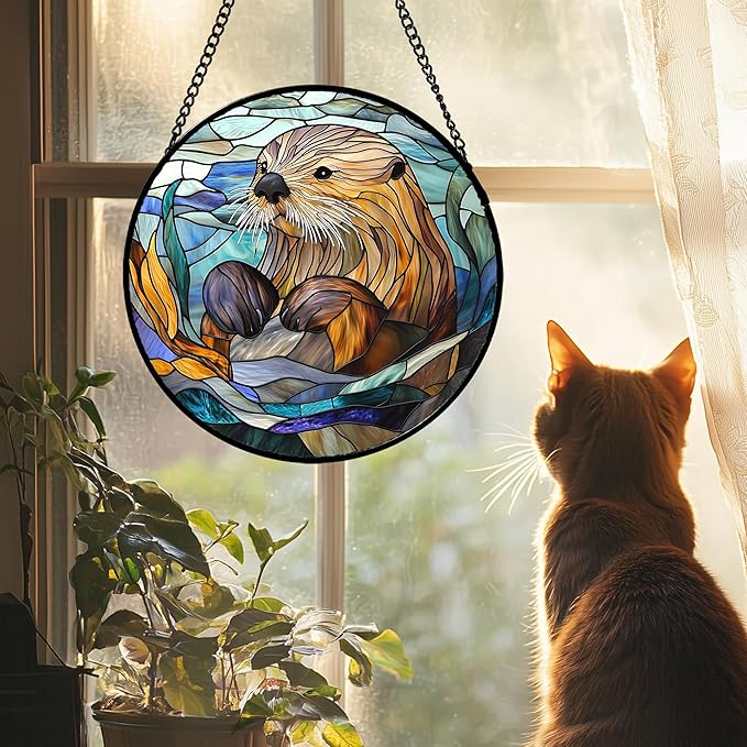Stained Glass Suncatcher, Blue Ocean Cute Sea Otter Sun Catcher Stain Glass Window Hanging Decoration Mother's Day Birthday Gifts for Women Men Mom Nana 9.8 in