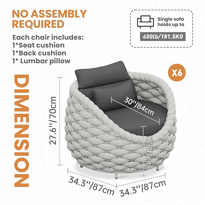 6 PCS Porch Furniture Chair: Patio Accent Chair Aluminum - Woven Rope Cushioned Armchair Assembled - Modern Lounge Single Chair - All Weather 400lbs for Deck Balcony Yard Garden Hotel Poolside