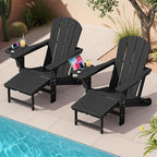 KINGYES Adjustable Folding Adirondack Chair with Footrest & 4-in-1 Multi-Functional Armrest Organizer Set of 2, HDPE Foldable Reclining Adirondack Chair with Pull-Out Ottoman, Black