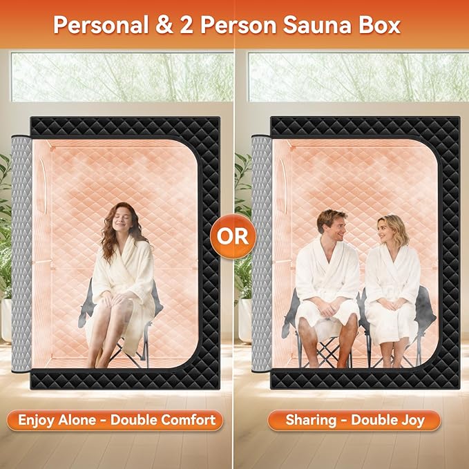 Home Sauna Portable, Upgraded Extra Large 2 Person Sauna Box with 2x3L 1300w Steamer, 2 Big Folding Chair, 9 Levels Heat, Timer,Remote Control - Steam Sauna Room Tent for Home Spa 71”x 49”x 35”, Black