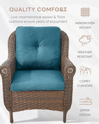 Outdoor Patio Chairs with Fire Pit Table 5 Piece Set - High Back Brown Wicker Rattan Lawn Chair with Thick Cushion for Porch Apartment Deck Yard Poolside Garden - Peacock Blue