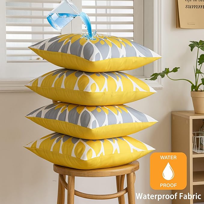Qahing Pack of 4 Fall Outdoor Waterproof Pillow Covers 18x18 Decorative Outdoor Throw Pillows Garden Square Cushion Cases for Patio Furniture, Couch, Tent Sunbrella, Bench, Mustard Yellow Grey