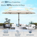 15FT Double Sided Patio Umbrella with Base Included Large Outdoor Market Umbrella with Crank Handle, UV Resistant Canopy, Sturdy Frame for Garden, Poolside, Deck, Beige