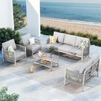 Aluminum Outdoor Patio Furniture Set, HDPE Rope 5 Piece Modern Sectional Conversation Sets with Dual-Layer Coffee Table, All Weather Patio Couch Sofa with Thick Cushions, Silver Frame, Silver
