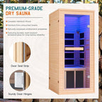 Albott Infrared Sauna 1 Person, Infrared Saunas for Home, 930W/110V Hemlock Wood Dry Sauna with Tourmaline Stone Foot Warmer, 7-Color Light Therapy & 2 Bluetooth Speakers, 27.2"x32.3"x61"