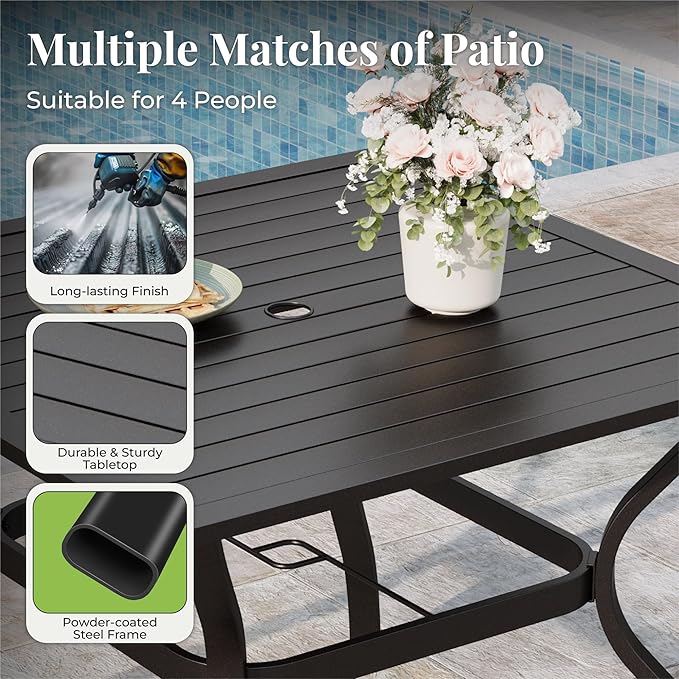 5 Pieces Patio Table and Chairs Set, 4 Person Outdoor Dining Furniture Set, 4 Brown Textilene Chairs and 37" Square Metal Table with Umbrella Hole, for Deck Backyard Lawn