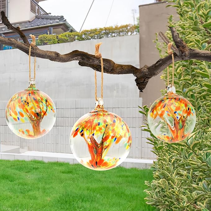 Hand Blown Glass Ball, 4" Gazing Glass Christmas Ornaments, Hanging Tree of Life Witch Balls for Home Outdoor Window Patio Garden Décor（Orange）