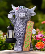 Nacome Highland Cow Garden Statue for Decor: Outdoor Sculpture with Solar Lantern and Welcome Sign for Outside Ornament Yard Art Lawn Porch Patio Balcony - Birthday Gifts for Women Mom(Gray)