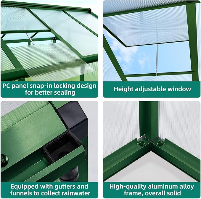 Garvee 6x8 ft Greenhouse - Aluminum Greenhouses for Outdoors, Large Polycarbonate Greenhouse with Roof Vent, Heavy Duty Walk-in Green Houses for Outside Garden, Backyard, Patio, Lawn, Easy Assembly
