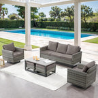 6 Piece Wicker Patio Furniture Set - Outdoor Swivel Rocker Chairs Set with Coffee Table, 3 Seat Sofa & Ottomans, Small Patio Conversation Sets Proch Furniture for Balcony Deck - Grey/Grey