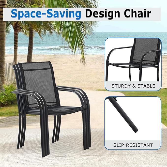 Outdoor Dining Chairs Set of 6, Stackable Patio Chairs with Textilene Fabric, Lightweight Garden Chairs for Poolside, Backyard, Camping, Black