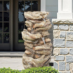 32" High Outdoor Water Fountain, 5-Tiers Cascading Rock Waterfall with LED Lights for Garden, Patio, Yard Decor, Soothing Tranquility for Any Outdoor Living Space