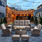 HUMMUH 7-Piece Outdoor Patio Furniture with Fire Pit Set,Wicker Patio Sofa Set Outdoor Rocking Chairs with Ottomans for Backyard,Poolside,Deck
