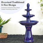 Glitzhome Water Fountain Outdoor Floor-Stand Fountain with LED Light & Pump Oversized 3 Tier Ceramic Cobalt Blue Patio Fountains and Waterfalls Outdoor Yard Fountains for Lawn Garden Backyard