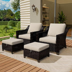 Vista Vibe 4 Pieces Outdoor Patio Conversation Furniture Set - 2 Luxurious Armchairs | 2 Wicker Ottomans, Removable Cushions, Hand-Woven PE Rattan, Office, Porch (Brown/Beige)