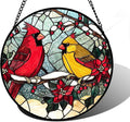 Stained Glass Window Hanging, Love Birds Cardinals Sun Catchers Colorful Glass Panel Birds Suncatcher Decor for Birthday for Women, Men, Wife, Lovers, and Mom 14.9x14.9 in