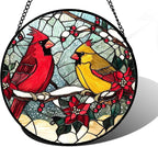 Stained Glass Window Hanging, Love Birds Cardinals Sun Catchers Colorful Glass Panel Birds Suncatcher Decor for Birthday for Women, Men, Wife, Lovers, and Mom 14.9x14.9 in