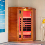 Woodbridge Infrared Sauna Room 2 Person Hemlock Wood Indoor Corner Sauna with 7 Carbon Heaters, Red Light Therapy,Bluetooth Speaker,Intelligent Dual Control System,Tempered Glass,Exterior Brim Light