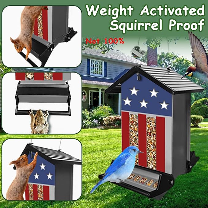 Squirrel Proof Bird Feeder, Hanging Bird Seed Feeders for Outdoors, 5LBS Large Capacity Metal Weight-Activated Perches Wild Birdfeeder for Blue Jay, Cardinal, Outside