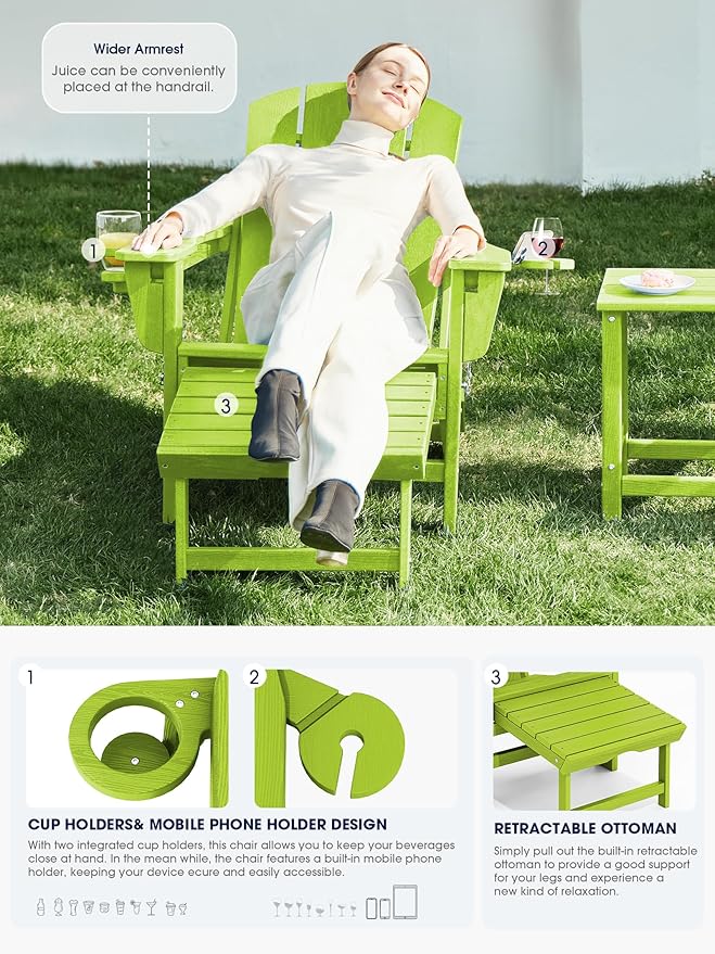 KINGYES Folding Adjustable Adirondack Chair with Ottoman & 2 Cup Holders Set of 2, HDEP Multifunctional Adirondack Chair with Footrest, Apple