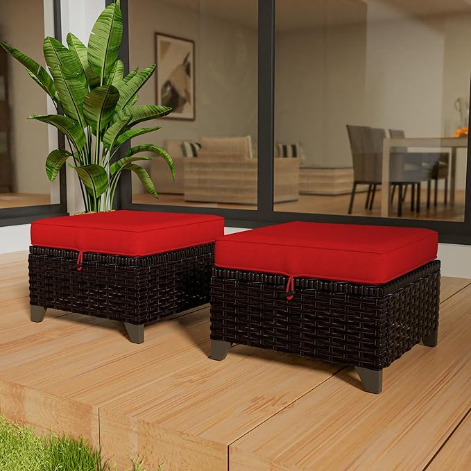 Vista Vibe 2 Pieces Patio Wicker Ottomans, Luxurious Footstools, Outdoor Small Footrest, Wicker Furniture with Removable Cushions,All-Weather PE Rattan, Garden, Backyard, Porch(Brown/Red)