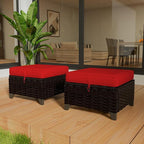 Vista Vibe 2 Pieces Patio Wicker Ottomans, Luxurious Footstools, Outdoor Small Footrest, Wicker Furniture with Removable Cushions,All-Weather PE Rattan, Garden, Backyard, Porch(Brown/Red)