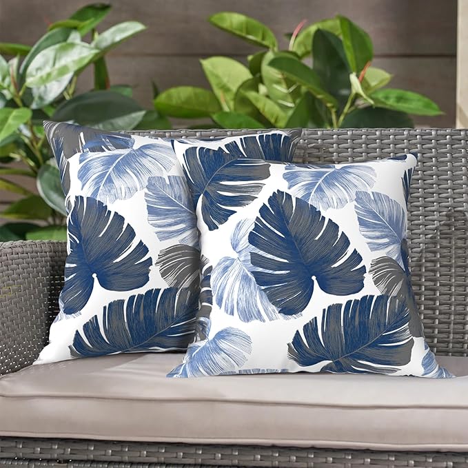 LVTXIII Outdoor Throw Pillows, Decorative Throw Pillows with Inserts, 16"x16" Square Pillows for Bed, Couch, Sofa and Patio Furniture, Set of 2, Monstera Blue