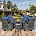 Patio Luxury Conversation Set of 4 Swivel Chairs with Side Table and 30in Square Wicker Firepit Table, Grey Wicker|Blue Cushions