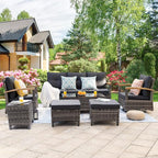 MEISSALIVVE 7 Pieces Patio Furniture Sets,PE Wicker Outdoor Conversation Sets with 2 Wood Armrests Swivel Rocker Chairs, 2 Ottoman, 3-seat Sofa and Coffee Table(Grey)