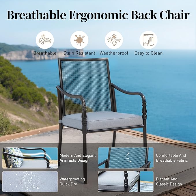 Patio Table and Chairs Set of 6, All-Weather Breathable Metal Mesh Patio Chair with Gourd-Shaped Armrests, 54x54 Round Table with Umbrella Hole, 7 Pcs Metal Frame Patio Dining Set