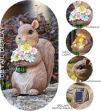 Solar Garden Squirrel Statue, Outdoor Resin Decor with Floral Accents, Resin Decorations Squirrel Figurine for Patio Lawn Porch Yard Ornaments for Mom Grandma Wife