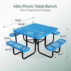 46Inch Square Picnic Table for 8 Person, Outdoor Heavy Duty Sturdy Picnic Tables with 4 Benches & Umbrella Hole, Commercial Metal Patio Picnic Table for Garden, BBQ, Coffee Store, Party, Porch (Blue)