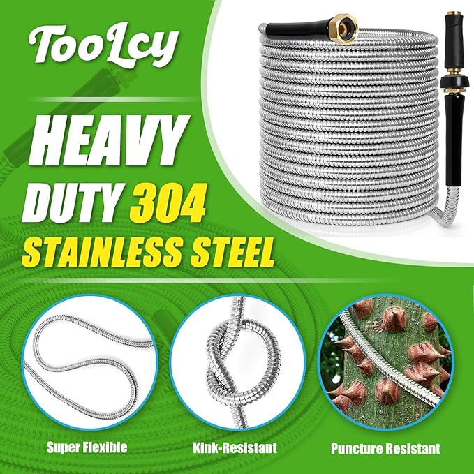 TOOLCY Metal Garden Hose- 304 Stainless Steel Water Hose 50 ft with Brass Nozzle - Super Flexible, No Kink, Heavy Duty, Puncture-proof, Lightweight, Durable Garden Hoses for Yard, Outdoor, Lawn