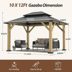10 x 12 FT Wood Gazebo,Outdoor Wooden Hardtop Gazebo with Galvanized Steel Doule Roof,Cedar Wood Frame Gazebos for Patio Backyard Deck