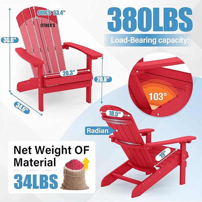 YEFU Adirondack Chairs Set of 8: Plastic Adirondack Chairs - Patio Chairs with Wood Texture - Outdoor Chair HIPS - Lawn Fire Pit Deck Porch Garden Chairs for Adults (Red)