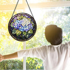 Stained Glass Window Hanging, Hydrangea Flowers Sun Catchers Diamond Glass Panel Hangings Plant Suncatcher Decor for Birthday for Women, Men, Wife, Aunt, and Mom 11.8x11.8 in