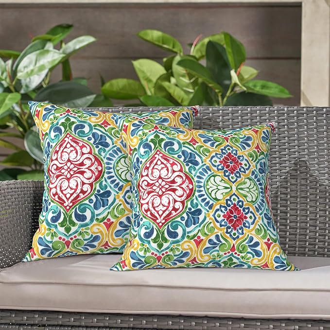 LVTXIII Outdoor Throw Pillows, Decorative Throw Pillows with Inserts, 16"x16" Square Pillows for Bed, Couch, Sofa and Patio Furniture, Set of 2, Damask Red
