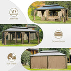 Domi 14'x24' Hardtop Gazebo Canopy,Outdoor Aluminum Gazebo with Galvanized Steel Double Roof,Large Permanent Gazebo Pavilion for Patio Deck Backyard,Curtain and Netting, Dark Brown