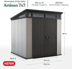Keter Artisan 7 x 7 Foot Large Modern Design Outdoor Shed with Floor for Outdoor Furniture, Lawn Equipment, Bikes, and Gardening Tools, Gray