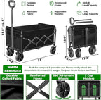 Collapsible Wagons Carts Foldable Wagon, Foldable Wagon Cart with Wheels, Folding Wagons for Beach Camp Sports Garden, 2 Cup Holders/Lightweight Portable/Black/360 LBS