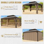 COOS BAY 12x16 Hardtop Gazebo with Aluminum Frame, Galvanized Steel Double Roof Outdoor Pavilion with Netting and Curtains, Dark Brown/Tan