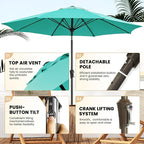 Ayge 9FT Large Outdoor Patio Umbrella Market Table Umbrella-UV Resistant, Easy Push Button Tilt and Crank, 8 Sturdy Fiberglass Ribs Heavy-Duty Pool Umbrella for Deck, Backyard,Garden,Turquoise
