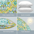 LVTXIII Outdoor/Indoor Throw Pillows, Decorative Patio Accent Pillows, Fluffy Water Repellent Garden Cushions for Home Patio Coach Sofa Use, 20×20 Inch, Pack of 2, Damask Green