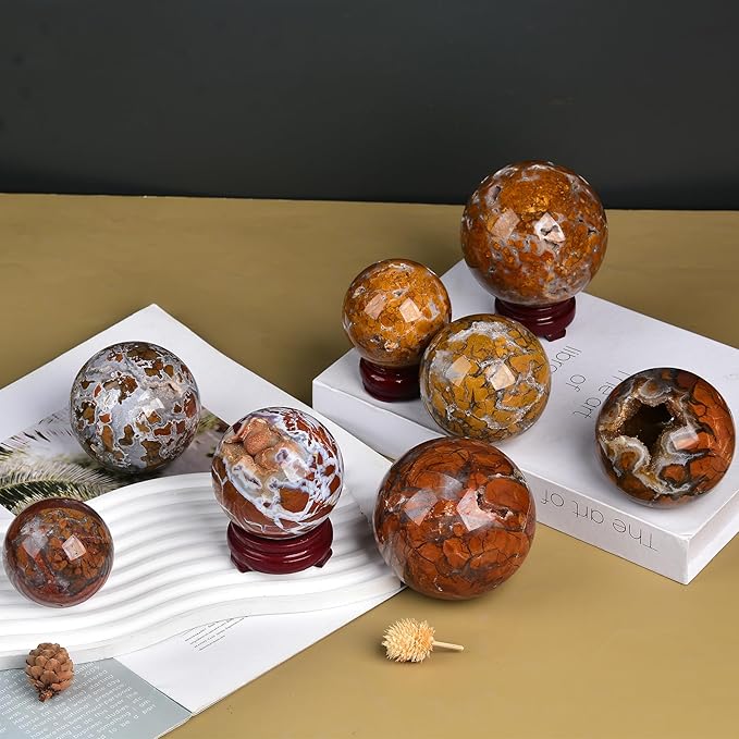 JIC Gem Large Crystal Ball Sphere Yellow Agate Healing Crystal Gemstone Ball with Display Stand Home Decor Meditation Grid Energy Balance (90-100mm)