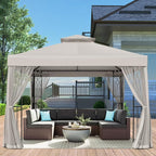 EAGLE PEAK 10x10 Patio Gazebo with Mesh Netting, Double Roof Outdoor Pavilion with Corner Shelves for Lawn, Deck, Garden and Backyard, Beige