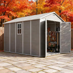 Outdoor Shed 5x3/6x4/7x7/8x6/8x10/8x12 FT, 15MM Thick PP Resin Plastic Shed with Lockable Door & Floor - Waterproof Plastic Tool Shed for Bike, Garbage Can, Backyard, Patio ﻿ ﻿ (Grey, 8x12FT)