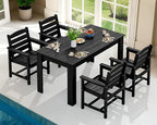 SERWALL HDPE Dining Set for 4, Outdoor Dining Sets for 4 Person with 1 Umbrella Hole Cut-Out Rectangular Table and 4 Chairs, Patio Dining Sets Black