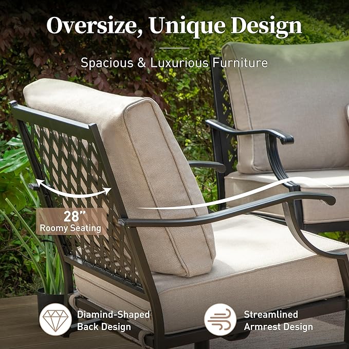 Patio Furniture Set, 4 Piece Modern Metal Outdoor Patio Furniture, 3 Seater Sofa, 2 Rocking Chairs, Coffee Table and 5.75" Extra Thick Cushion, Patio Conversation Set for Deck Backyard