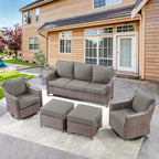 Outdoor Wicker Patio Furniture Set - 5 Piece Outside Rattan Conversation Bistro Dining Chair Sets with Rocking Swivel Chairs, 3-Seat Couch and Ottomans for Porch Yard Balcony – Brown/Grey