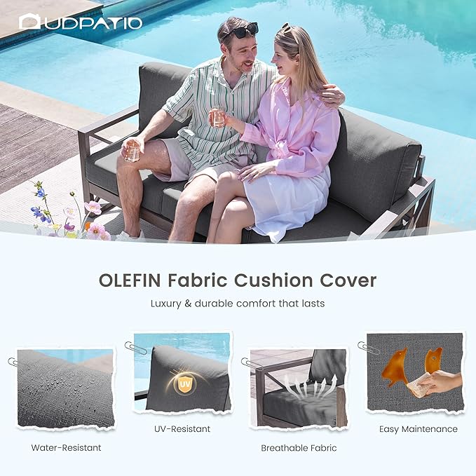 UDPATIO 4 Piece Faux Wood Aluminum Patio Furniture Set 7 Seats Modern Outdoor Furniture Patio Conversation Sets with Coffee Table for Balcony, Backyard, 600D Waterproof Cover Included, Dark Grey